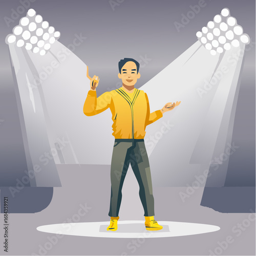 The Dynamic Dance. An ultra-realistic, dynamic action photograph of a young male K-pop idol performer in the middle of a powerful dance routine on a concert stage.
