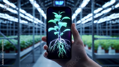 Augmented reality plant analysis on a smartphone in a greenhouse, showing plant health and root structure.