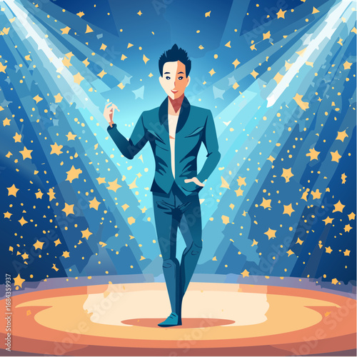 The Dynamic Dance. An ultra-realistic, dynamic action photograph of a young male K-pop idol performer in the middle of a powerful dance routine on a concert stage.
