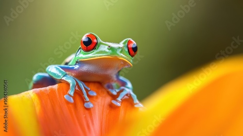 Bright red-eyed tree frog perched on vibrant flower petal in lush habitat