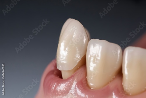 Porcelain veneer adhered beautifully over a cracked tooth within healthy gums showing detail