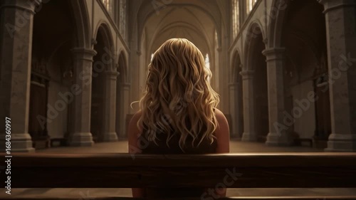 A solitary figure sits in a grand cathedral, bathed in soft light.