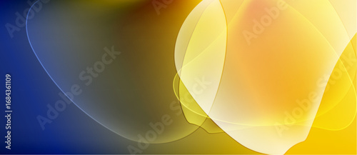 Abstract composition featuring flowing shapes, warm colors blend with cool blues. Soft gradients create luminous effect. Dynamic, modern design.