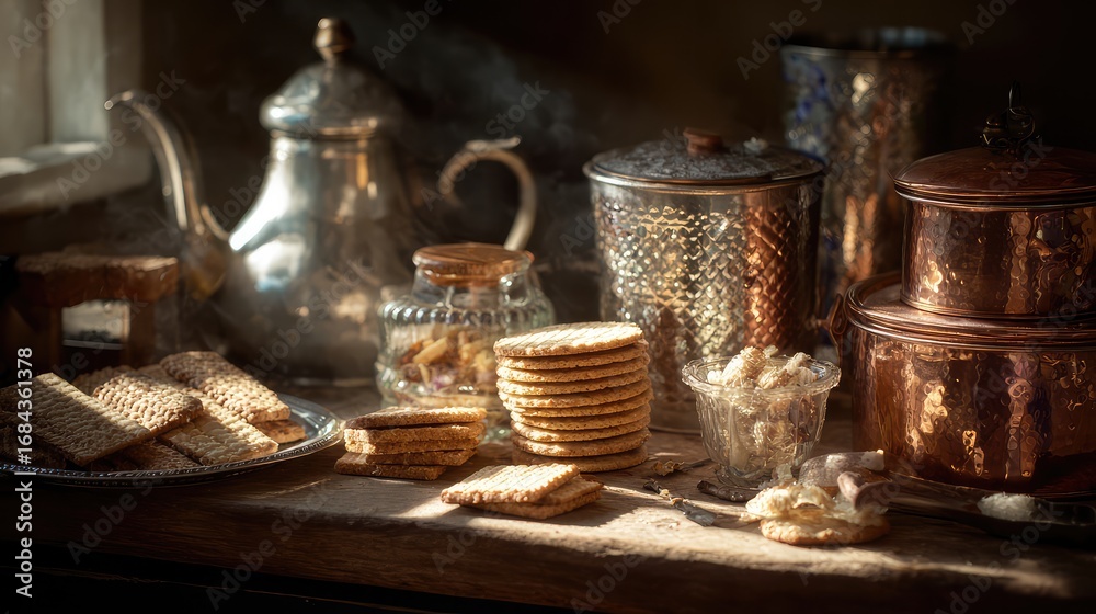 Fototapeta premium Vintage kitchenware holding handcrafted snacks, bathed in warm nostalgic light.