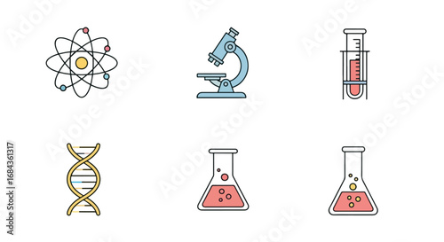 Science icons set flat line art style colorful