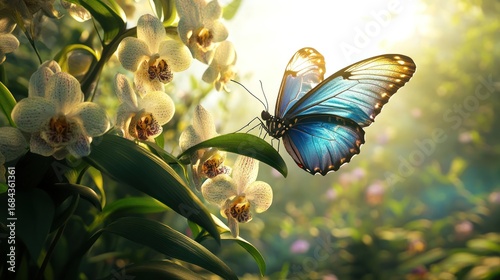 Butterfly on orchid flowers, sunlit garden, beautiful scene
