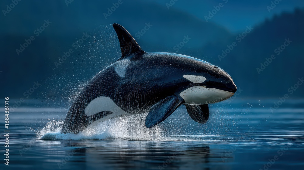 Obraz premium A striking orca leaps from the water, showcasing its distinctive black and white markings against a serene blue background.