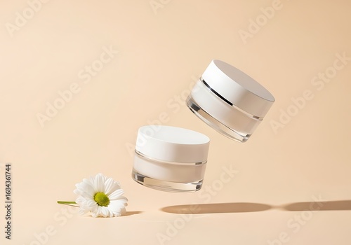Two floating cream jars appear beside a white daisy against a light orange background