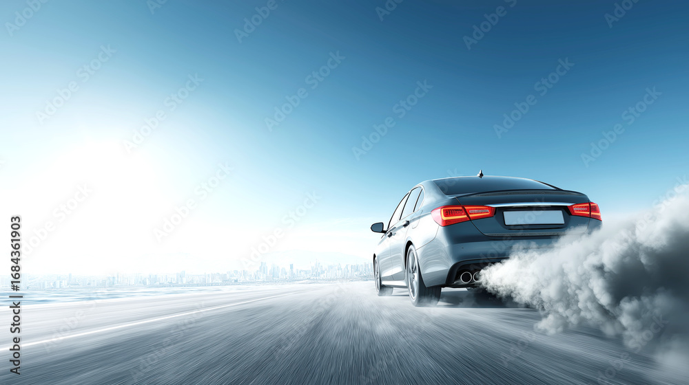 Fototapeta premium Car Emitting Smoke on Highway with City Skyline in Distance