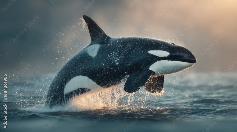Fototapeta premium A majestic orca leaps from the water, creating a splash against a serene backdrop, showcasing its strength and beauty in the ocean.