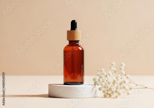Vector art of amber bottle with dropper on a stand with flowers on a beige background