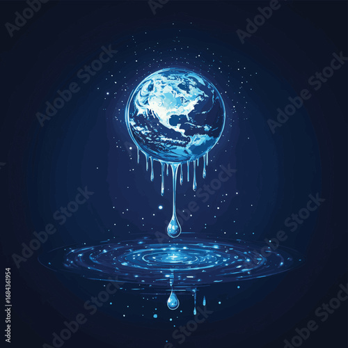 World Water Day concept web banner with glowing Earth, water drop, puddle on dark blue background.  , vector style simple color
