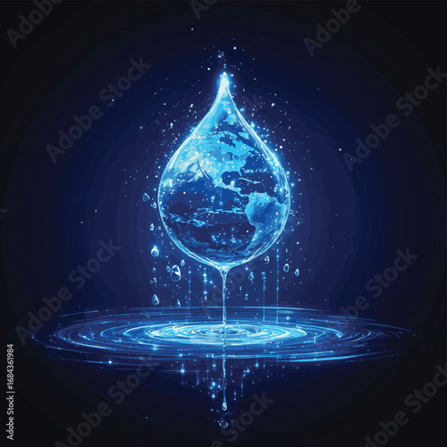 World Water Day concept web banner with glowing Earth, water drop, puddle on dark blue background.  , vector style simple color