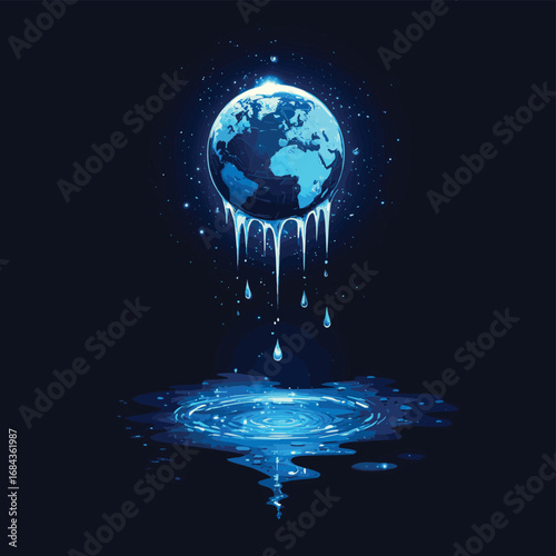 World Water Day concept web banner with glowing Earth, water drop, puddle on dark blue background.  , vector style simple color