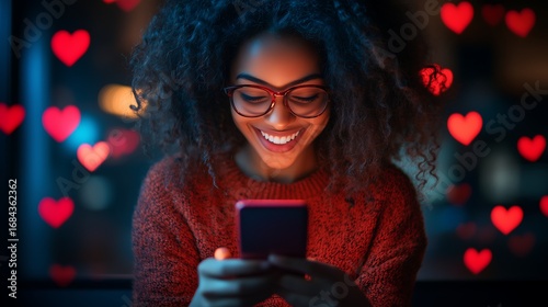 Woman Holding Phone at Night (Red Heart-Shaped Light Spots Background, Warm Atmosphere Showing Joy)