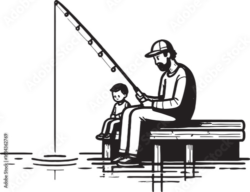 Father and Son Fishing Together a Timeless Bond Black and White Illustration Depicting Family Moments and Outdoor Activities on the Dock