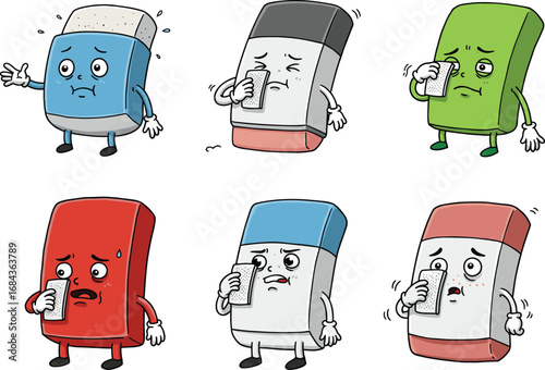 Funny cartoon erasers with emotional expressions, wiping tears, sadness, anxiety, nervousness, cute stationery characters, back to school, office supplies.