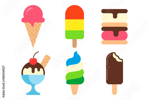 Ice cream and popsicle icon set with cone scoops, rainbow pop, sundae dish and chocolate bar, dessert collection, summer sweets vector illustration