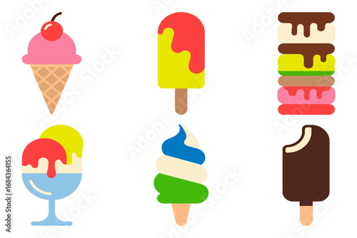 Frozen dessert icons featuring cone scoop, dripping popsicles, layered sandwich bar and twirl pop, sundae glass, summer treat collection, clean vector artwork