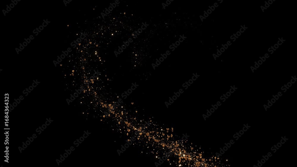 Romantic Golden Glitter Particle Trail Animation heart shaped glitter trail sparkling particles on dark background. for weddings, Valentine s, romantic intros, festive celebrations, love overlays.