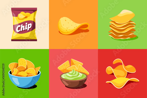 Chips snack collage, potato crisps pack, bowl with dip, crunchy nachos, colorful grid panels, fast food concept, vector illustration, flat style, marketing banner