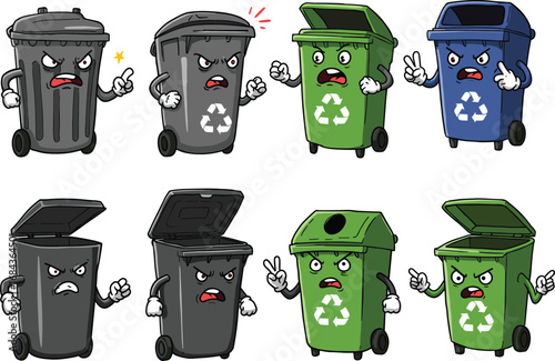 Angry recycling bins and trash cans with expressive faces, cartoon characters, waste management, environmental awareness, garbage collection, recycling symbols, eco-friendly