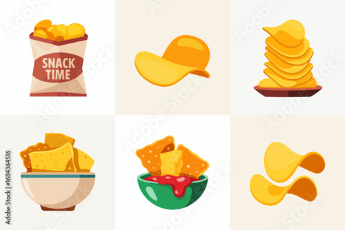 Snack time collage, chip bag label, corn chips in bowl, green dip cup, potato crisp stack, beige tile background, fast food theme, vector clipart, social media graphic