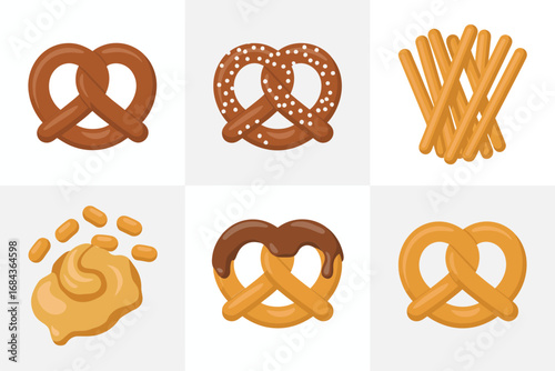 Pretzel assortment grid, salted twists and sticks, mini cracker shapes, cheese dip swirl, bakery snack collection, vector clipart, editable set, white background