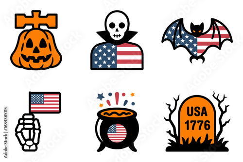 Patriotic halloween emblem set pumpkin sign skull with flag torso bat wings American flag lantern cauldron and USA 1776 tombstone elements