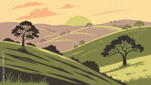 Scenic landscape vector art with rolling hills and trees at sunset for nature backgrounds and wallpapers