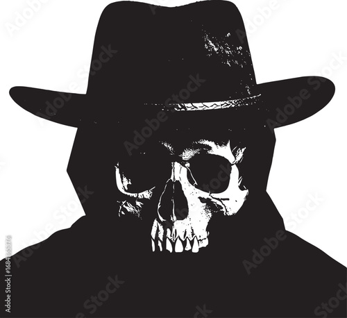 Grim Reaper in Fedora Vector Illustration Embodying Death and Halloween Theme Depicted with Bold Black and White Aesthetics
