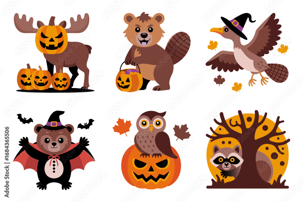 Obraz premium Forest animals halloween collection, baby bear with candy bucket, beaver and owl vampire, bird in flight, carved pumpkins, fall leaves, vector stickers, kids graphic, white background