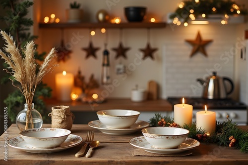 Wallpaper Mural Cozy, comfortable interior design, decorated for the holiday of the New Year. Kitchen countertop with New Year's dishes, decorations, candles. 3d rendering. Torontodigital.ca