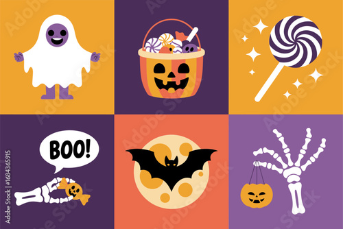 Halloween square icons set, friendly ghost pumpkin candy bucket spiral lollipop bat and boo speech, playful vector grid for invitations and posts
