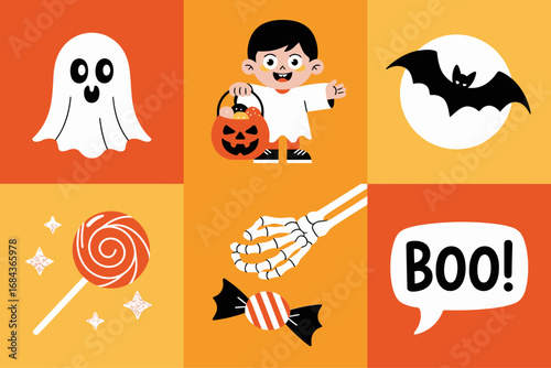 Halloween grid illustration, ghost and child with pumpkin bucket, bat silhouette, swirl lollipop, skeleton hand, boo speech bubble, kid friendly vector