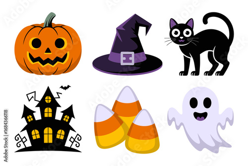 Classic Halloween icons set, pumpkin witch hat black cat haunted house candy corn and ghost, vector clipart for posters cards and stickers