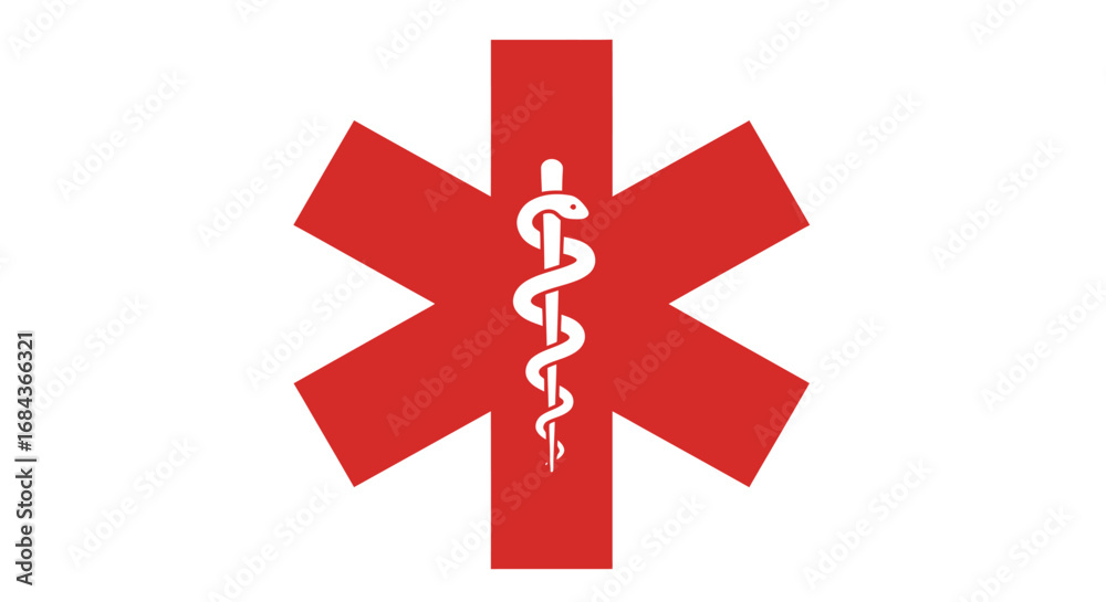 Obraz premium A vibrant red Star of Life symbol, featuring the classic Rod of Asclepius with a coiled snake, represents emergency medical services in a clean vector graphic.