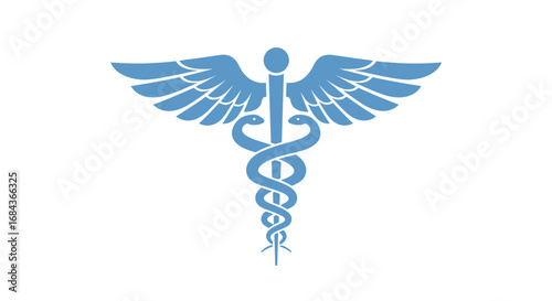 A stylized, light blue vector graphic depicts a Caduceus symbol, featuring a snake entwined around a staff with wings, set against a clean white background.