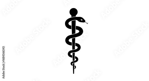 A black and white vector illustration of a Rod of Asclepius, a medical symbol featuring a serpent coiled around a staff, perfect for healthcare and pharmaceutical designs on a white background.