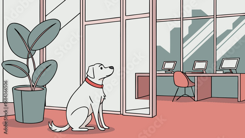 Illustration of dog waiting in modern office interior with plant and computer workstations scene design