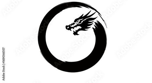 Vector illustration of a black dragon head curled in a circle, perfect for tattoos, logos, and graphic design projects needing a mystical, powerful, and symbolic image.  High-resolution PNG for easy