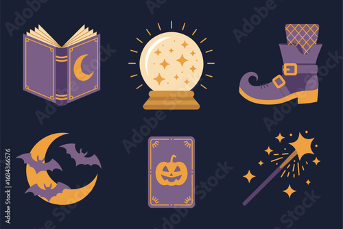 Magic library icons, open spell book, glowing crystal ball, witch boot, flying bat and moon, pumpkin card, magic wand, enchanted vector collection