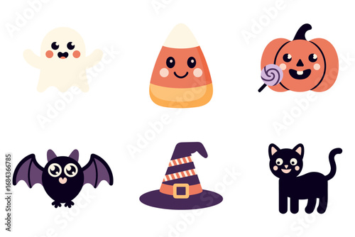 Cute halloween icons row, ghost candy corn pumpkin bat witch hat black cat, minimal white background, vector clipart, sticker pack, clean design, kids friendly