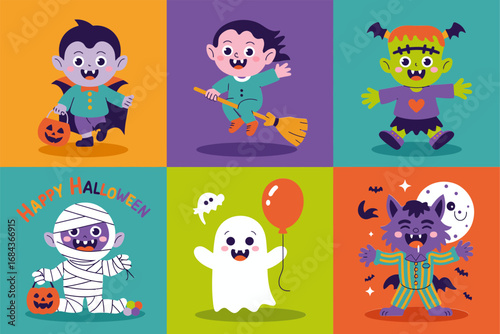 Halloween character grid, vampire boy witch on broom frankenstein kid mummy ghost cat, bright color squares, cute cartoon vector, sticker pack, kids greeting card, social graphic