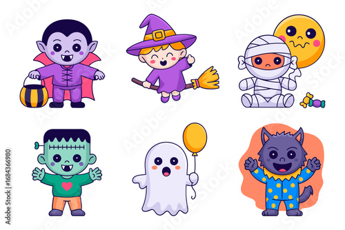 Halloween kids clipart, vampire witch on broom mummy frankenstein ghost purple cat, white background, cute cartoon vector, sticker and t shirt print, party graphic