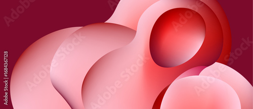 Abstract shapes overlap, creating soft curves. Pink hues dominate with red accent. Minimalist design evokes fluidity, warmth.