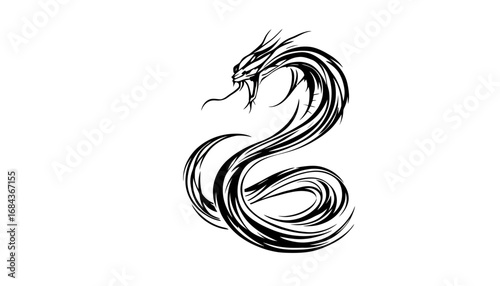 A stylized, black and white vector illustration of a coiled snake with a fierce expression, presented on a clean white background.
