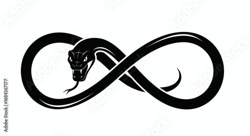 A striking black vector illustration depicts a fierce snake forming an elegant infinity symbol, isolated on a pristine white background.