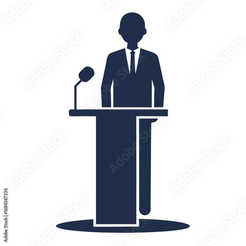 Simple dark blue silhouette of a man speaking at a podium on a white background speaker microphone
