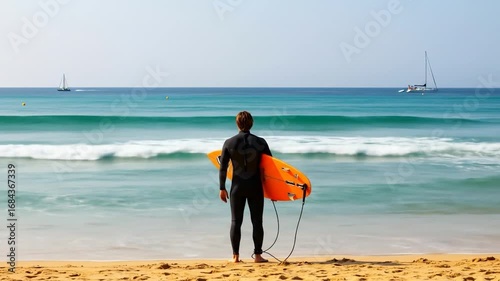 A surfer stands on a sandy beach, gazing at the ocean waves.